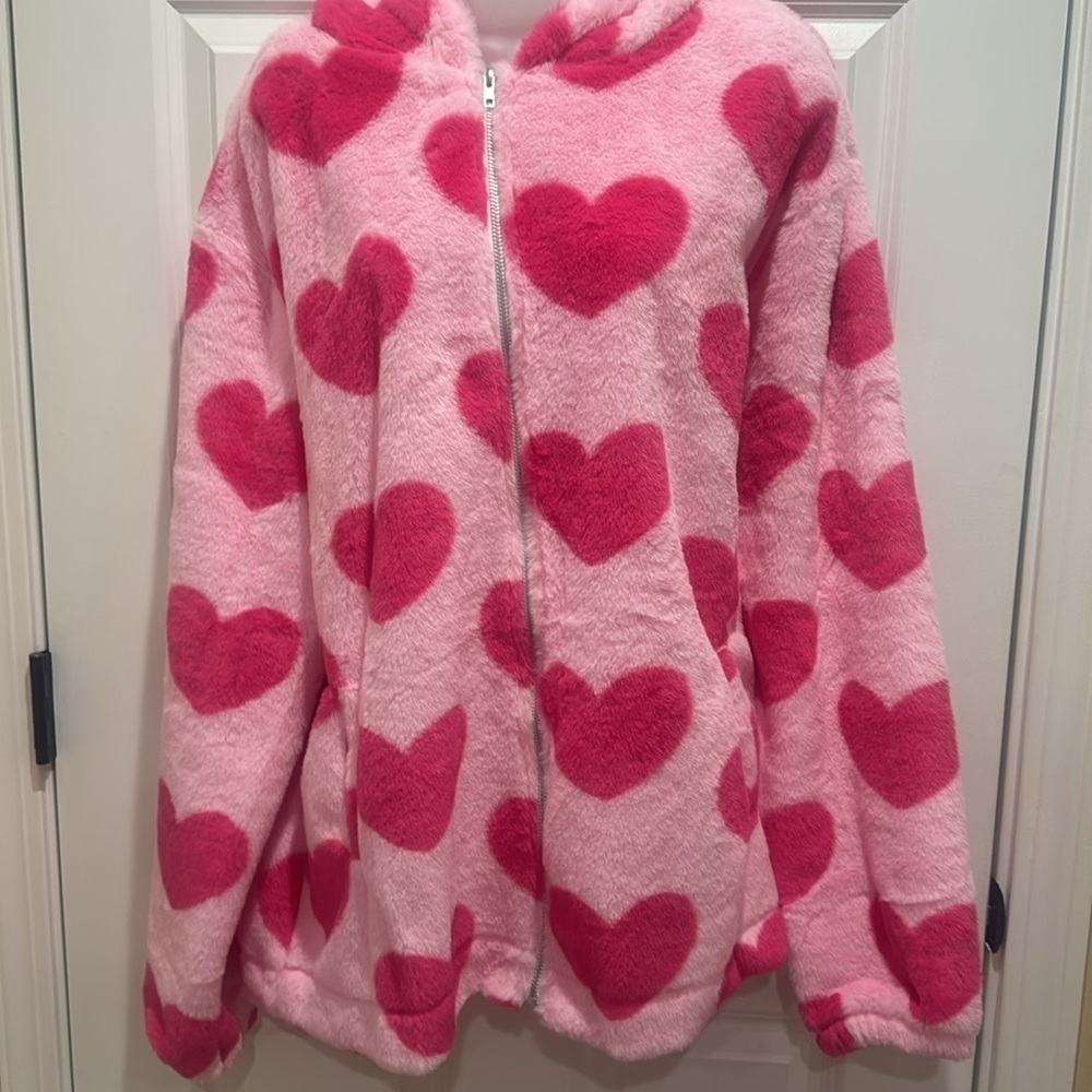Women’s Plush  Hooded Jacket Size Medium Pink Hearts - Picture 6 of 9